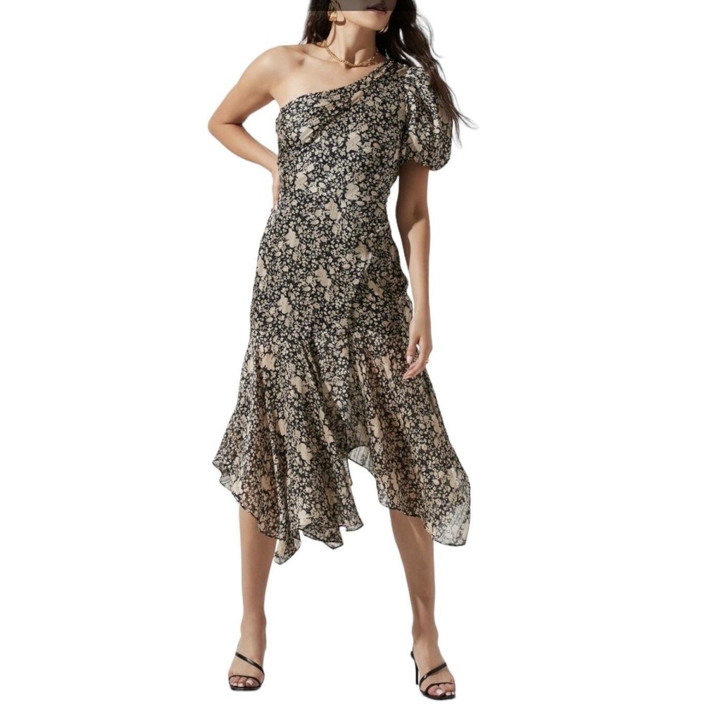 ASTR the Label Women Black Ivory Santorini Floral One Shoulder Midi Dress Size M - Picture 3 of 14